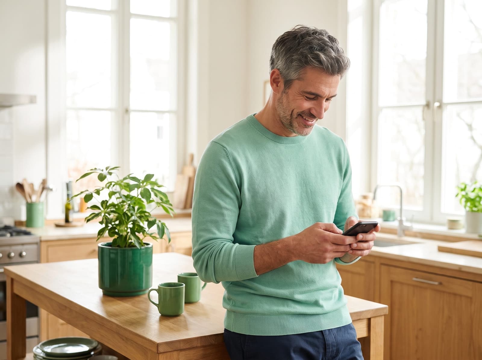 how-it-works panel — woman in her 40s smiling while messaging her provider from a bright kitchen, candid lifestyle, golden hour