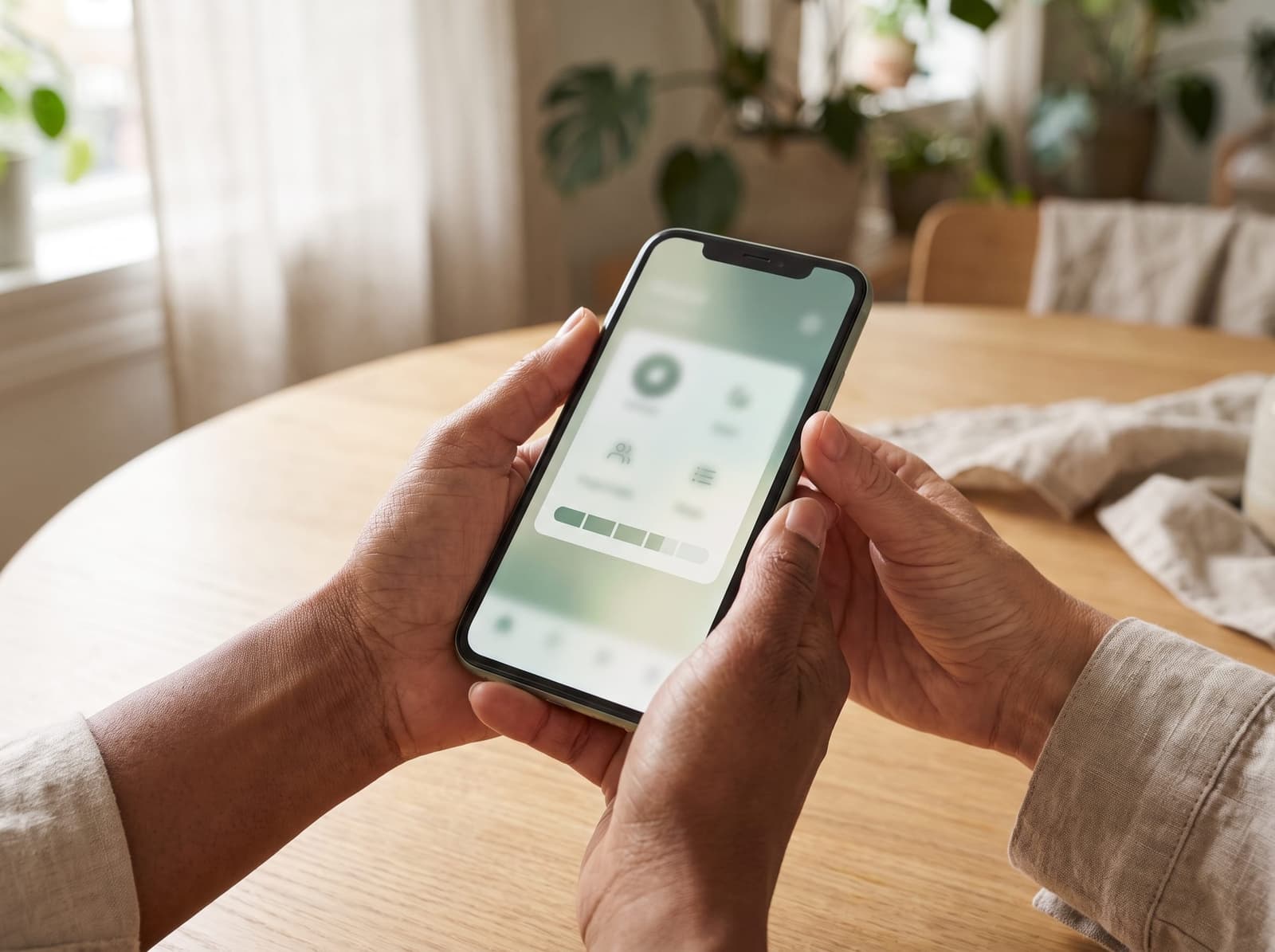 how-it-works panel — close-up of hands holding a phone showing a calm health intake quiz, soft mint/green tones, fresh natural light, editorial, green UI accent