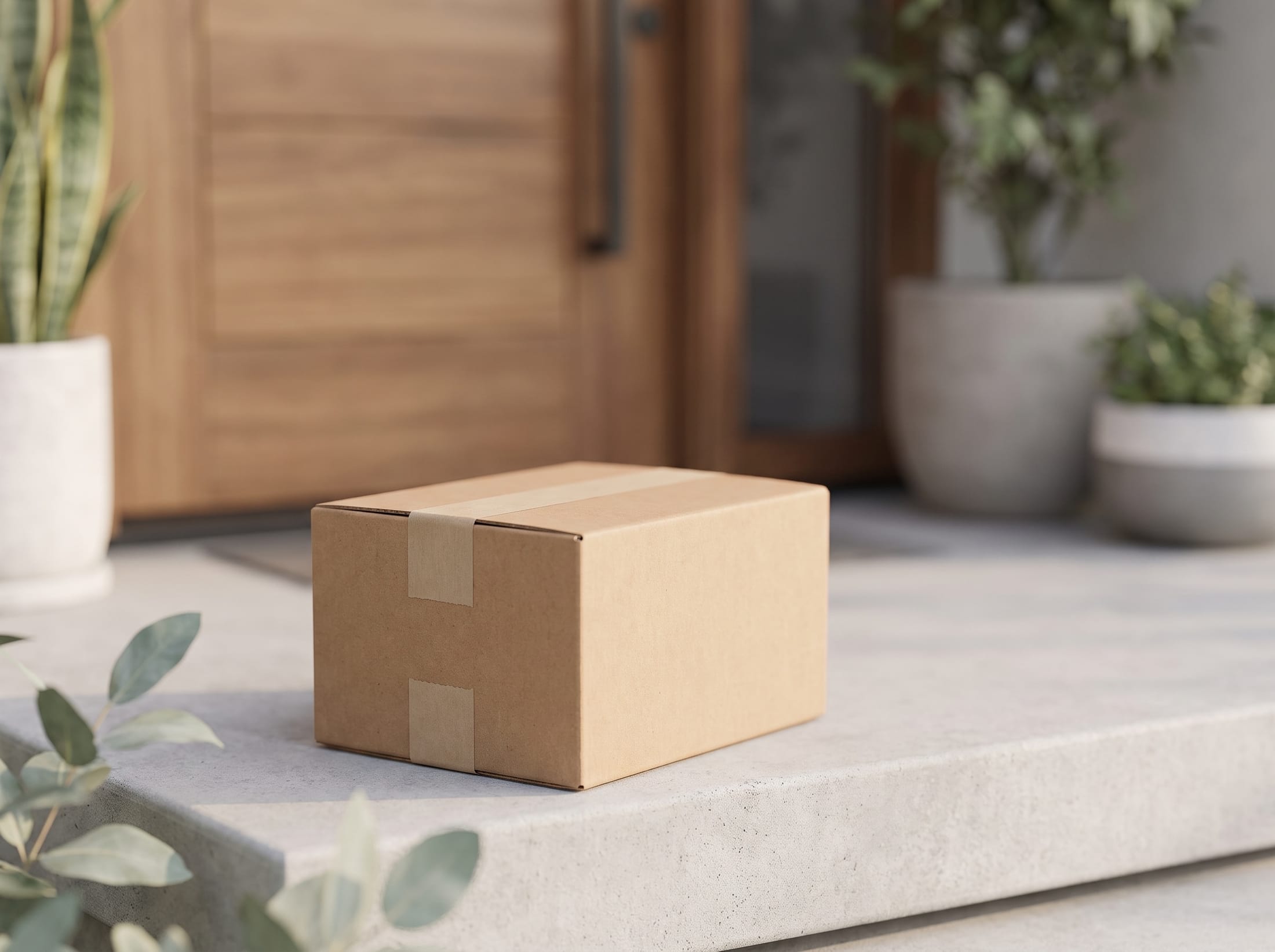 how-it-works panel — discreet medication box on a doorstep in morning light, shallow depth of field, premium unboxing mood
