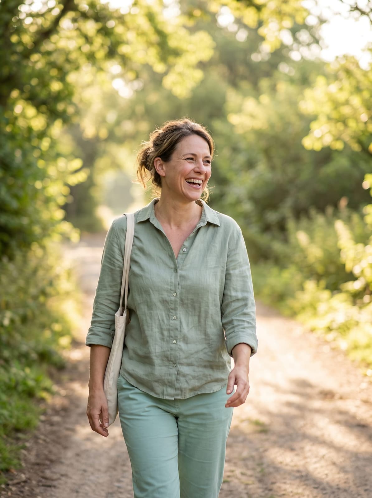 tall reel — woman 40s laughing mid-walk in golden-hour park, candid, warm grade