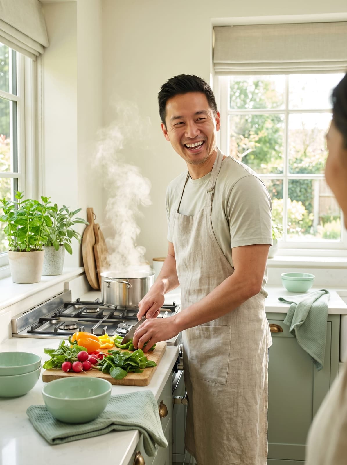 square reel — man pouring water in bright kitchen, morning light, joyful