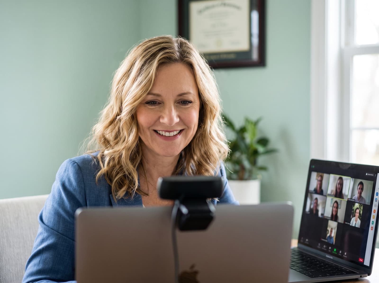 how step 2 — friendly female clinician on a video call, soft office light, reassuring expression, shoulders-up framing