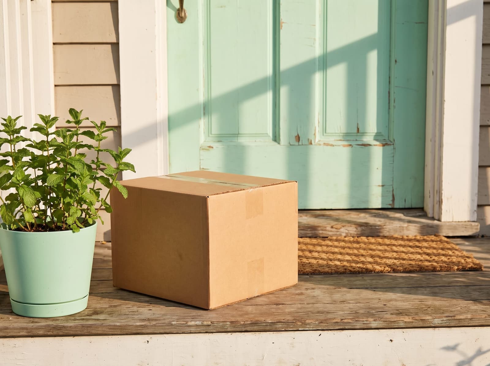 how step 3 — discreet shipping box on a sunlit doorstep / kitchen counter, neutral packaging, warm home setting