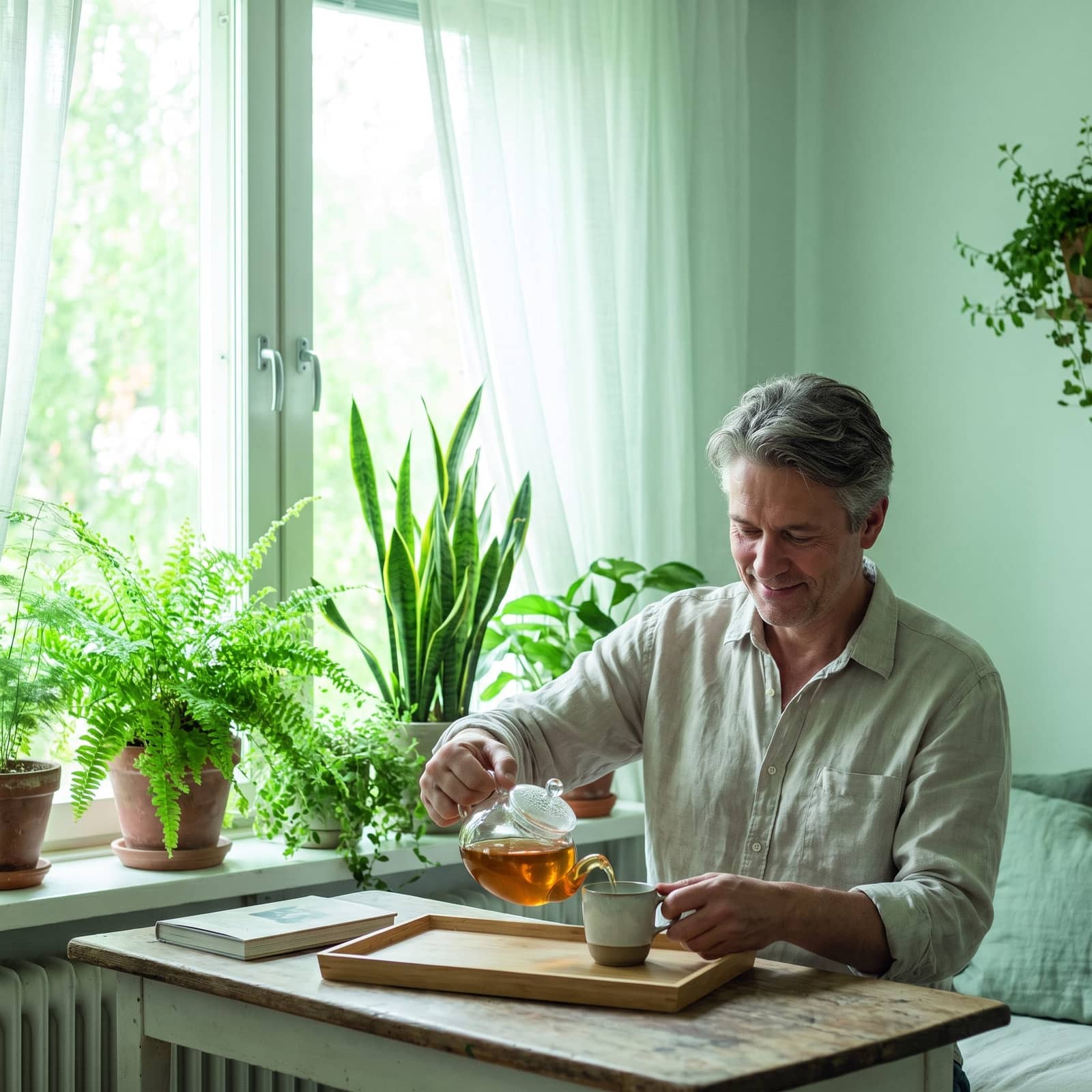 illustrative lifestyle scene — calm everyday moment representing the EverSlim experience (not a real patient or result), soft natural light, fresh mint/green tones