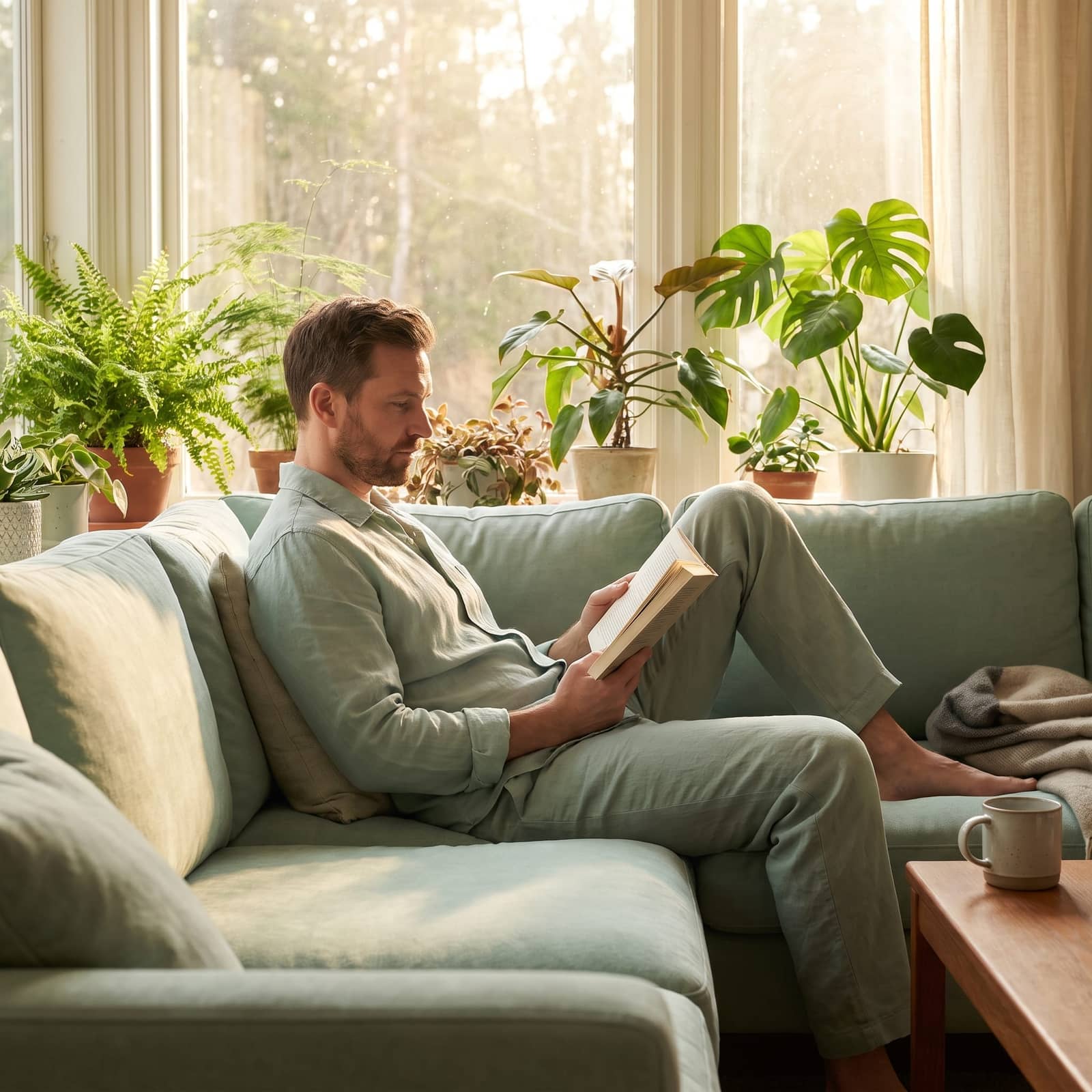 illustrative lifestyle scene — calm everyday moment representing the EverSlim experience (not a real patient or result), soft natural light, fresh mint/green tones