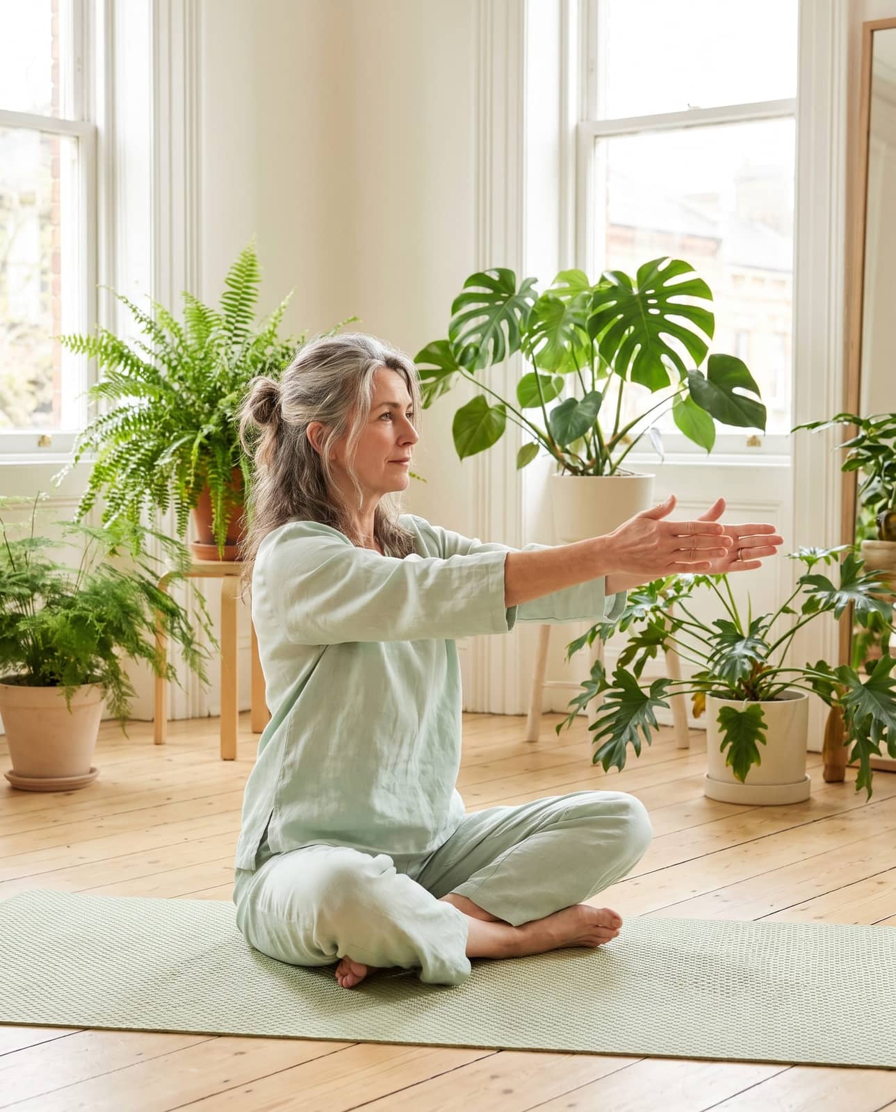 illustrative lifestyle scene — calm everyday moment representing the EverSlim experience (not a real patient or result), soft natural light, fresh mint/green tones