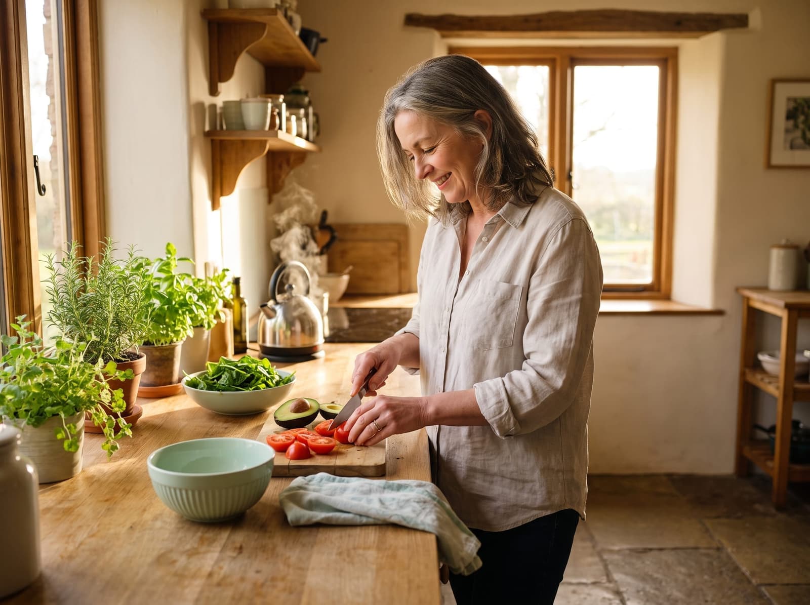 hero collage portrait — warm candid photo of a happy mid-life / older adult or lifestyle moment, soft natural light, cream backdrop
